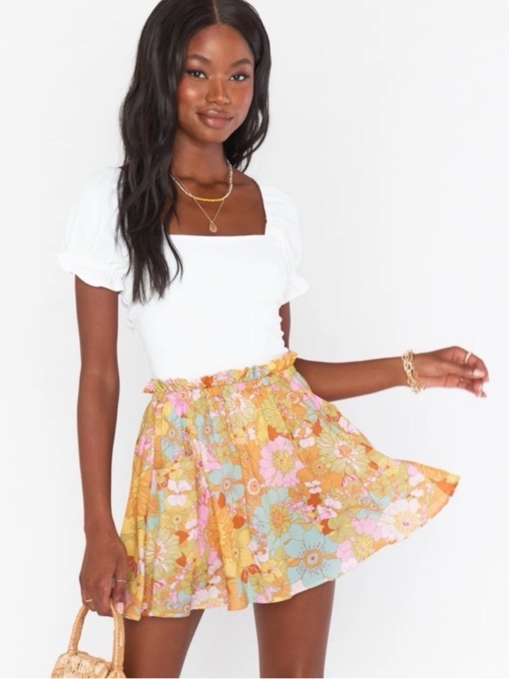 Show Me Your Mumu Brightly Colored Floral Swing Skirt w/ Pockets Elastic Small